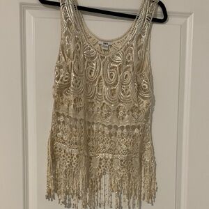 Bar III  Cream Lace Tank Top with Fringe large cotton festival boho layer nwot